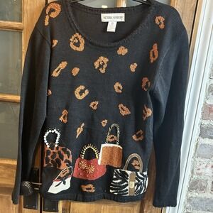 Victoria Harbour Sweater Womens Small Black Leopard Print Handbag Beaded Vintage